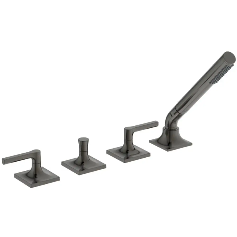 4-Loch-Badearmatur von Ideal Standard mit zwei Hebelgriffen und einer Handbrause, in einem modernen Design und in der Farbe Magnetic Grey.